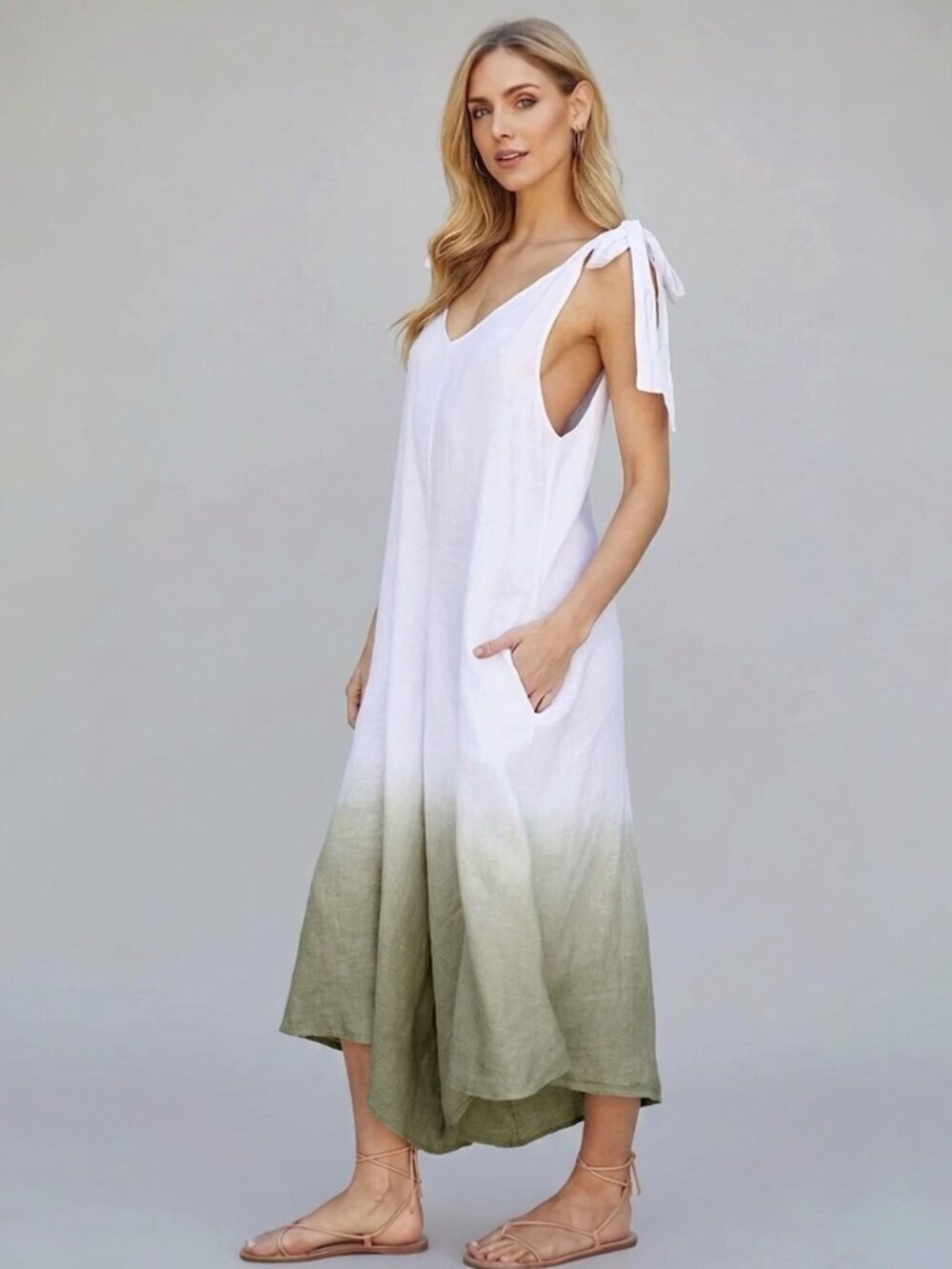 Italian Linen Wide Leg Jumpsuit Sz M Ombré Relaxed Pockets Boho Coastal